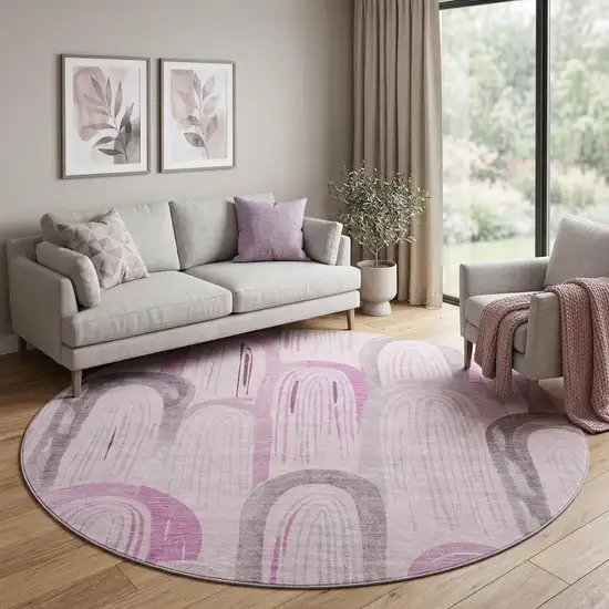 8' X 8' Pink Lavender And Ivory Geometric Washable Round Rug With UV Protection Photo 1