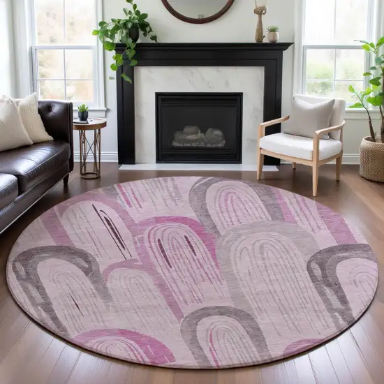 8' X 8' Pink Lavender And Ivory Geometric Washable Round Rug With UV Protection Photo 4