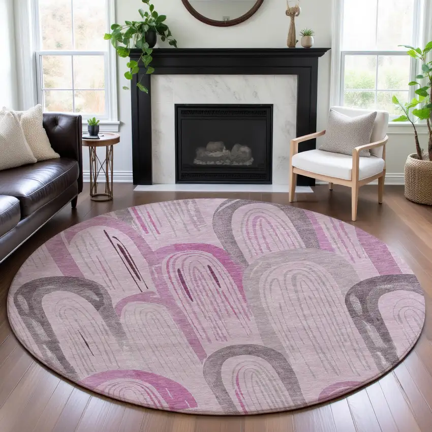 8' X 8' Pink Lavender And Ivory Geometric Washable Round Rug With UV Protection Photo 4