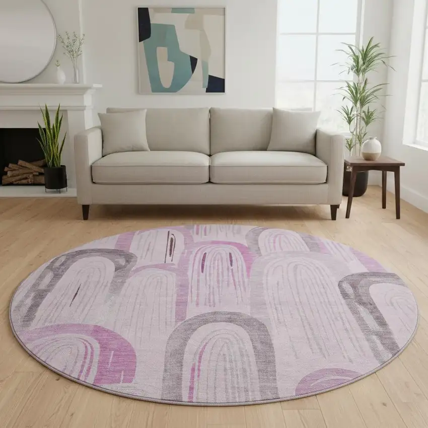 8' X 8' Pink Lavender And Ivory Geometric Washable Round Rug With UV Protection Photo 2