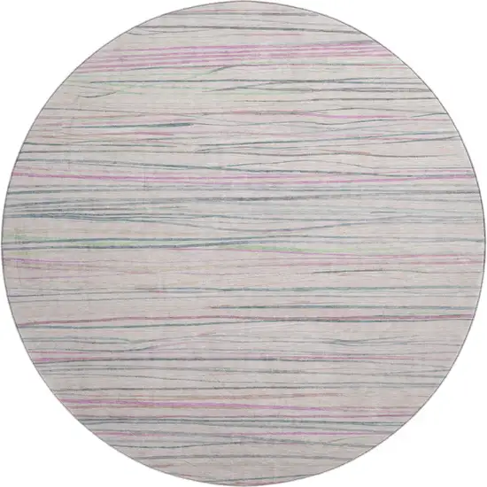 8' X 8' Pink Mint Green And Ivory Striped Washable Round Rug With UV Protection Photo 1