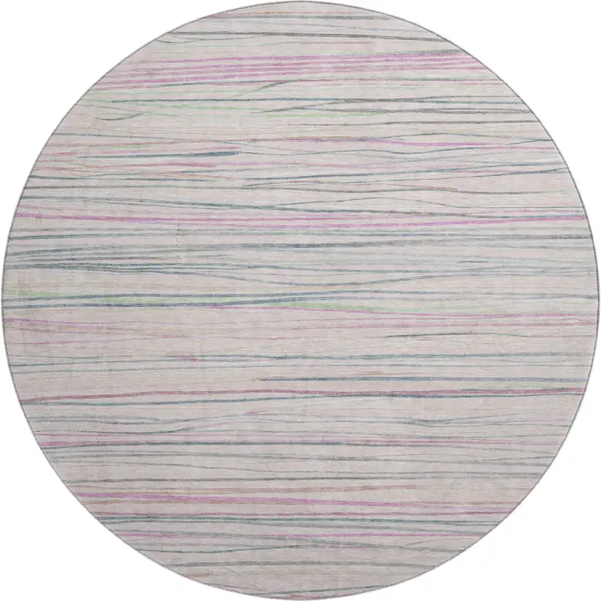 8' X 8' Pink Mint Green And Ivory Striped Washable Round Rug With UV Protection Photo 1