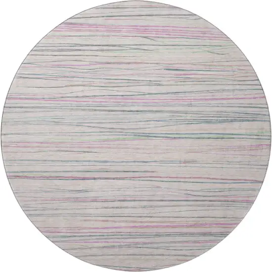 8' X 8' Pink Mint Green And Ivory Striped Washable Round Rug With UV Protection Photo 3