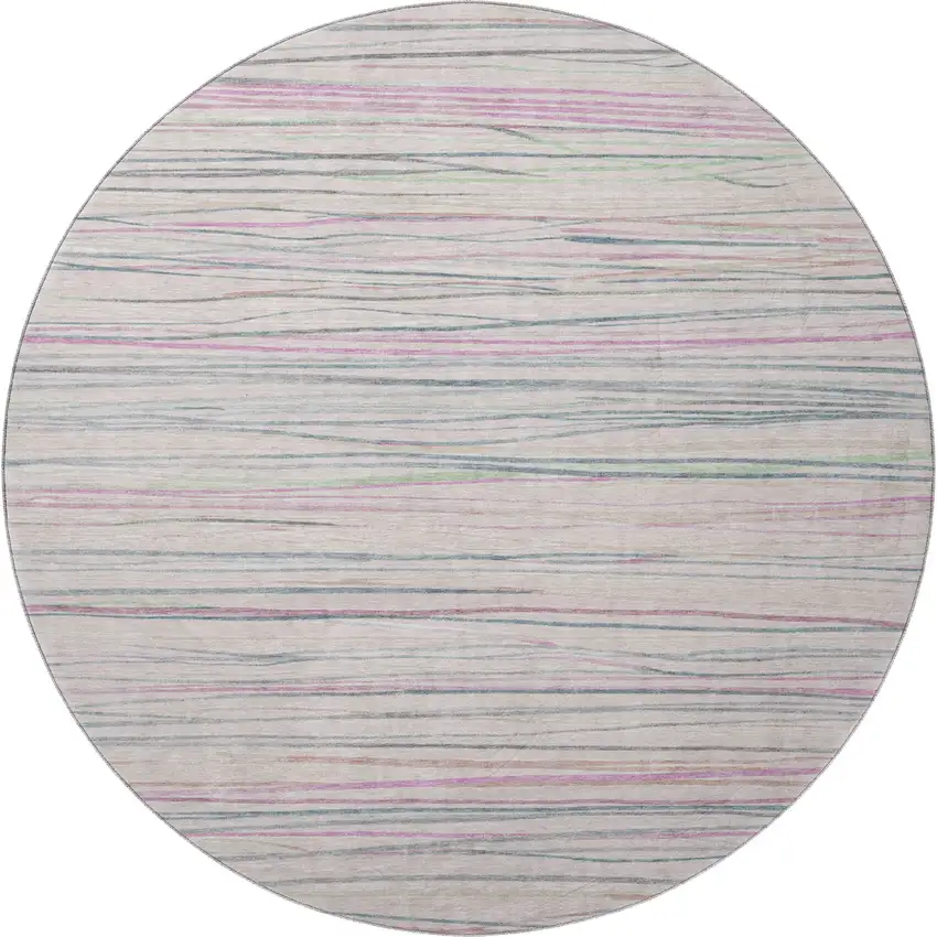 8' X 8' Pink Mint Green And Ivory Striped Washable Round Rug With UV Protection Photo 3