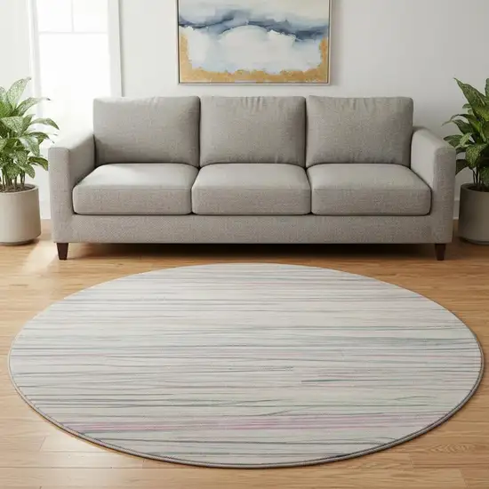 8' X 8' Pink Mint Green And Ivory Striped Washable Round Rug With UV Protection Photo 2