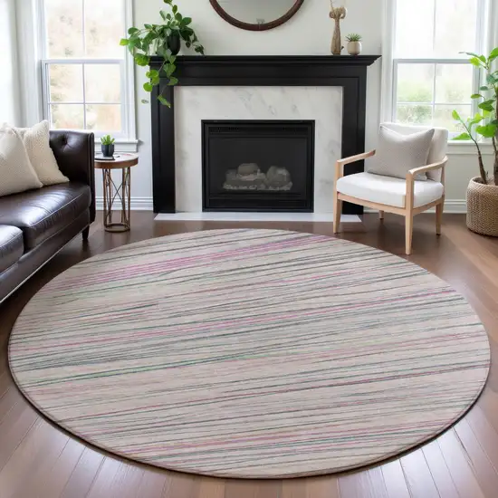 8' X 8' Pink Mint Green And Ivory Striped Washable Round Rug With UV Protection Photo 4