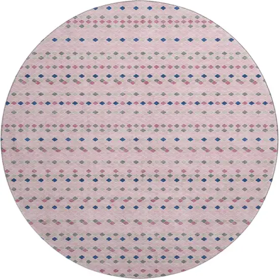 8' X 8' Pink Navy Blue And Gray Striped Washable Round Rug With UV Protection Photo 1