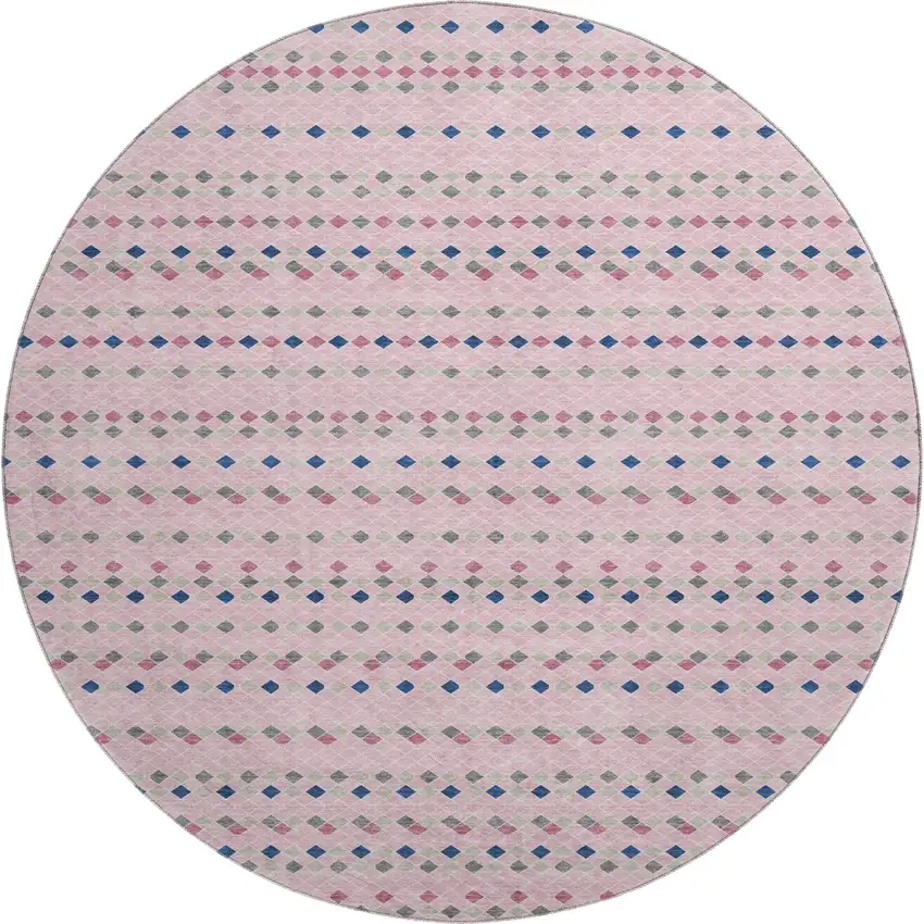 8' X 8' Pink Navy Blue And Gray Striped Washable Round Rug With UV Protection Photo 1