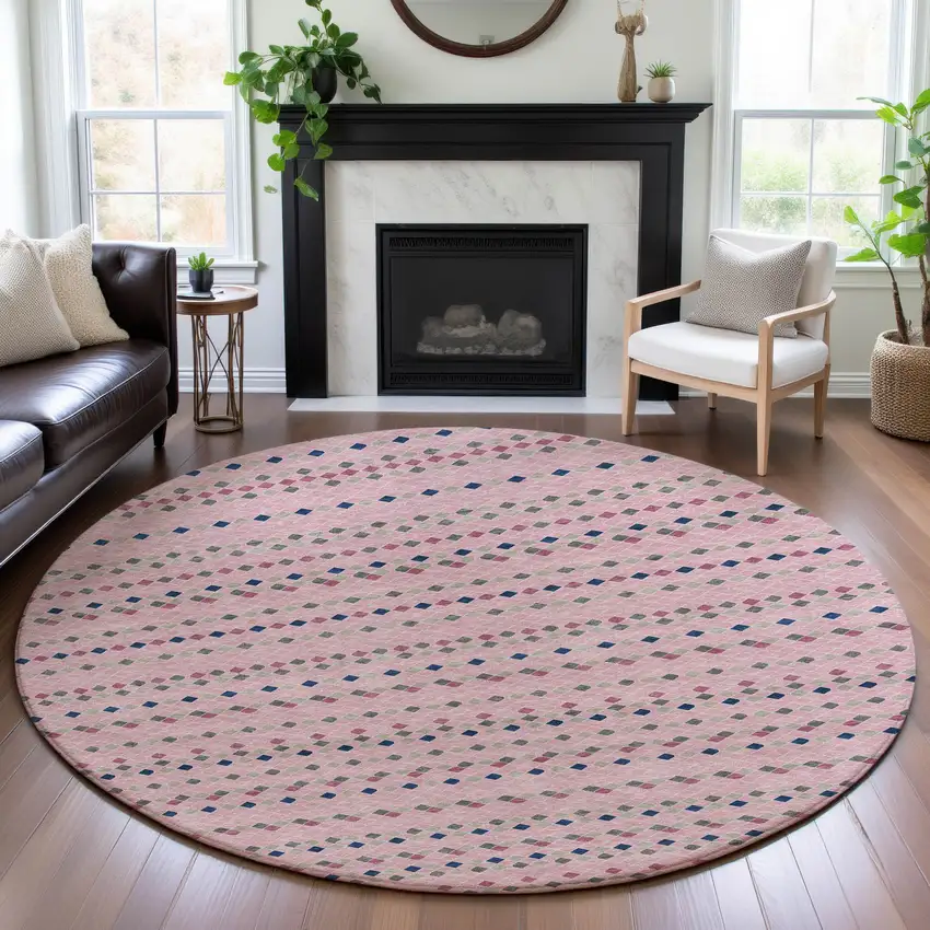 8' X 8' Pink Navy Blue And Gray Striped Washable Round Rug With UV Protection Photo 4