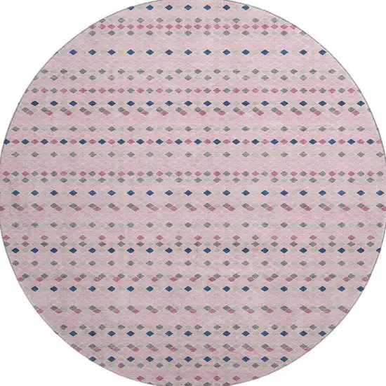 8' X 8' Pink Navy Blue And Gray Striped Washable Round Rug With UV Protection Photo 3