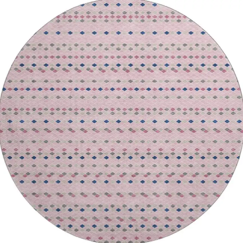 8' X 8' Pink Navy Blue And Gray Striped Washable Round Rug With UV Protection Photo 3