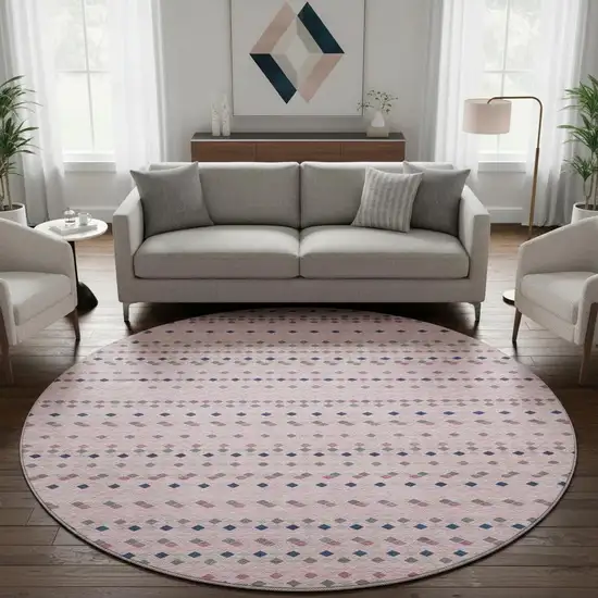 8' X 8' Pink Navy Blue And Gray Striped Washable Round Rug With UV Protection Photo 2