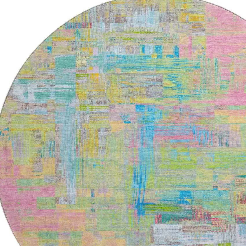8' X 8' Pink Teal And Lime Green Abstract Washable Round Rug With UV Protection Photo 2