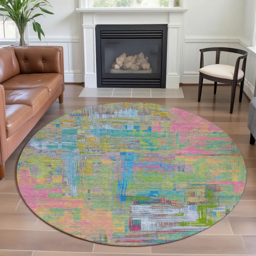 8' X 8' Pink Teal And Lime Green Abstract Washable Round Rug With UV Protection Photo 4