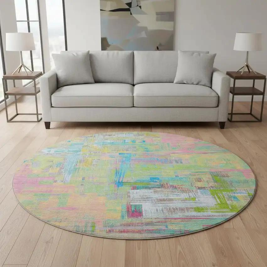 8' X 8' Pink Teal And Lime Green Abstract Washable Round Rug With UV Protection Photo 2