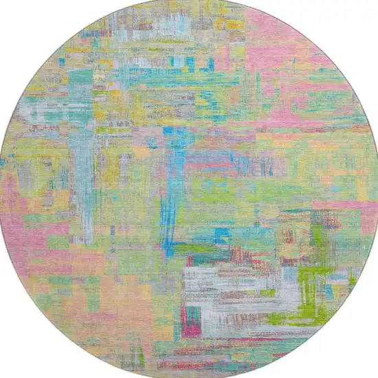 8' X 8' Pink Teal And Lime Green Abstract Washable Round Rug With UV Protection Photo 3