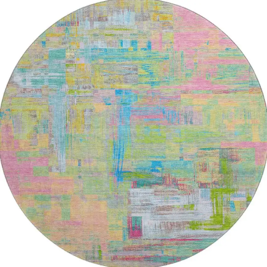 8' X 8' Pink Teal And Lime Green Abstract Washable Round Rug With UV Protection Photo 3