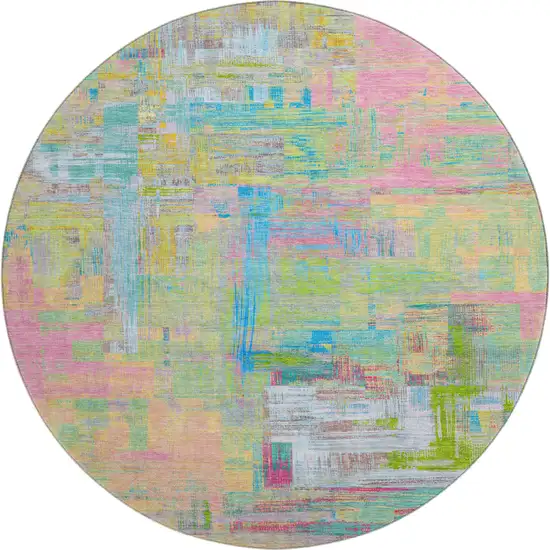 8' X 8' Pink Teal And Lime Green Abstract Washable Round Rug With UV Protection Photo 1