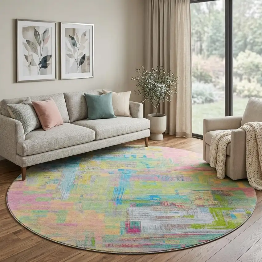 8' X 8' Pink Teal And Lime Green Abstract Washable Round Rug With UV Protection Photo 1