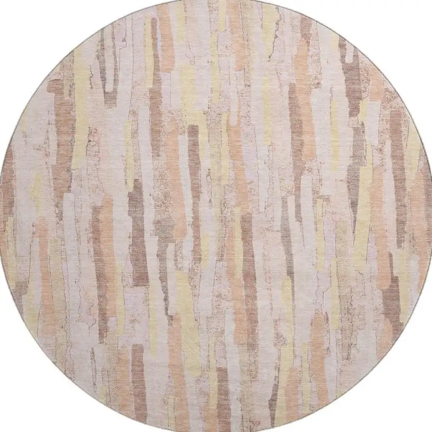 8' X 8' Pink Yellow And Peach Striped Washable Round Rug With UV Protection Photo 3