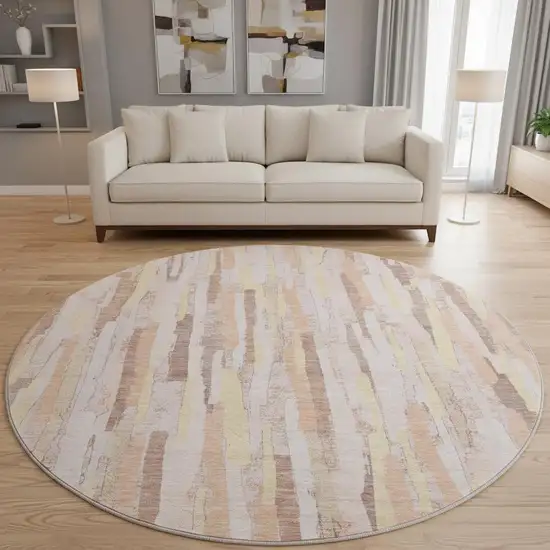 8' X 8' Pink Yellow And Peach Striped Washable Round Rug With UV Protection Photo 2