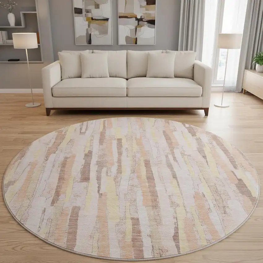 8' X 8' Pink Yellow And Peach Striped Washable Round Rug With UV Protection Photo 2