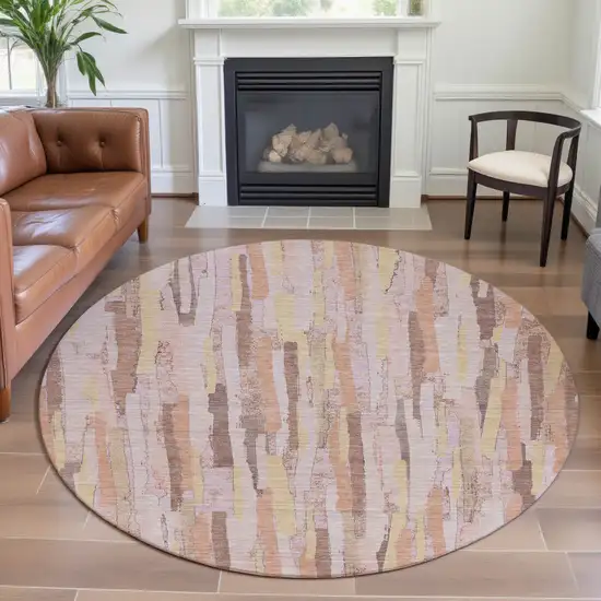 8' X 8' Pink Yellow And Peach Striped Washable Round Rug With UV Protection Photo 4