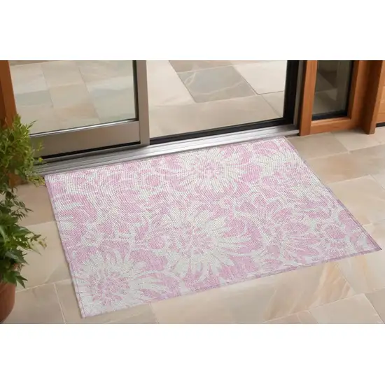 Pink and Ivory Floral Washable Non Skid Indoor Outdoor Area Rug Photo 1