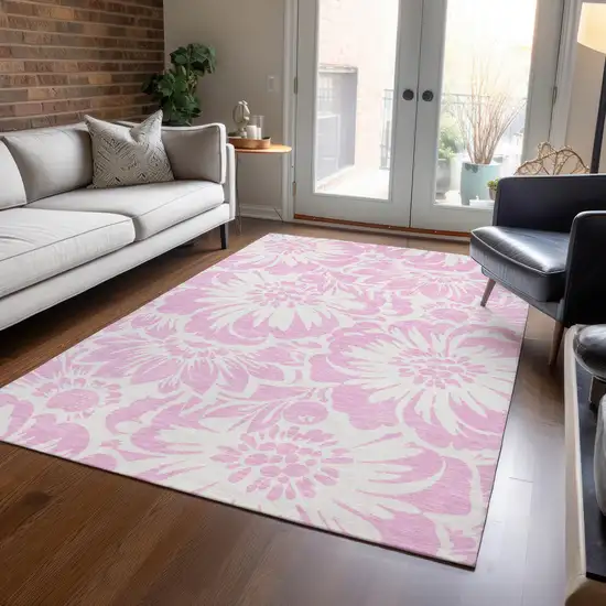 Pink and Ivory Floral Washable Non Skid Indoor Outdoor Area Rug Photo 9