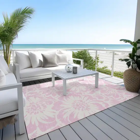 Pink and Ivory Floral Washable Non Skid Indoor Outdoor Area Rug Photo 8