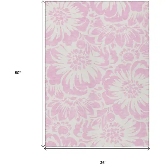 3' X 5' Pink and Ivory Floral Washable Non Skid Indoor Outdoor Area Rug Photo 3