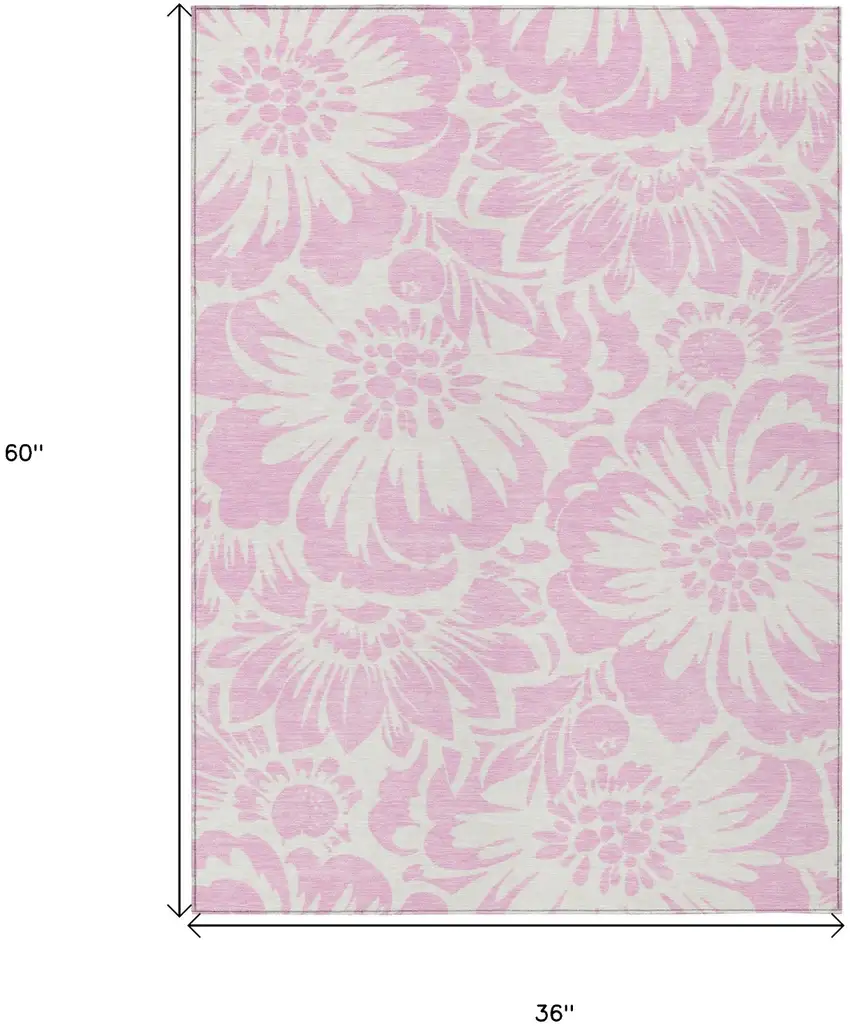 3' X 5' Pink and Ivory Floral Washable Non Skid Indoor Outdoor Area Rug Photo 3