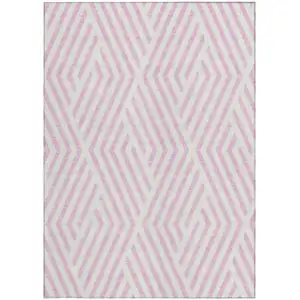 Photo of 3' X 4' Pink and White Geometric Washable Non Skid Indoor Outdoor Area Rug