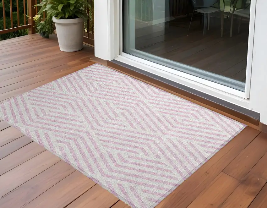 Pink and White Geometric Washable Non Skid Indoor Outdoor Area Rug Photo 1