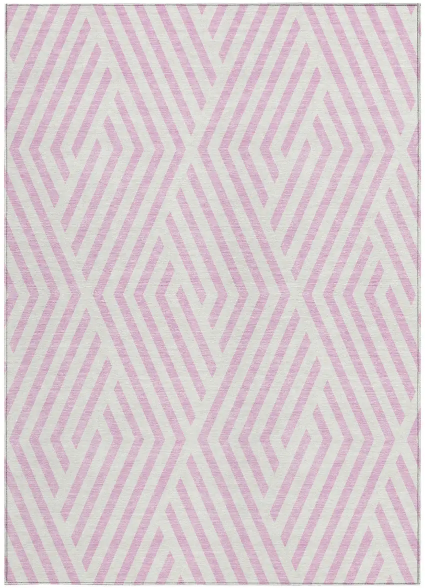 Pink and White Geometric Washable Non Skid Indoor Outdoor Area Rug Photo 5