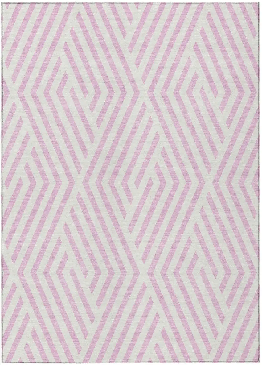 Pink and White Geometric Washable Non Skid Indoor Outdoor Area Rug Photo 2