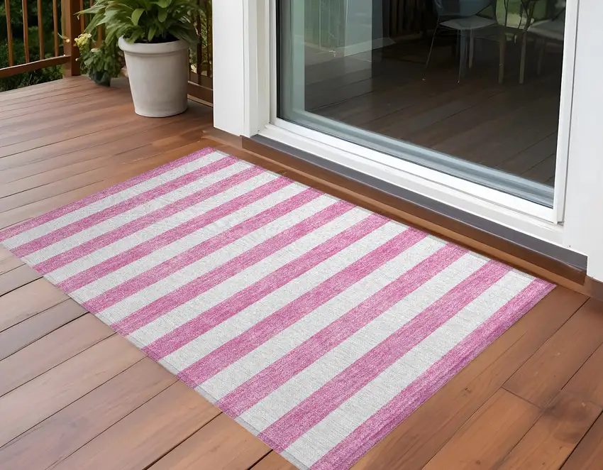 3' X 5' Pink and White Striped Washable Non Skid Indoor Outdoor Area Rug Photo 1