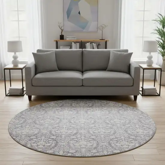 8' X 8' Plum And Ivory Damask Washable Round Rug With UV Protection Photo 2