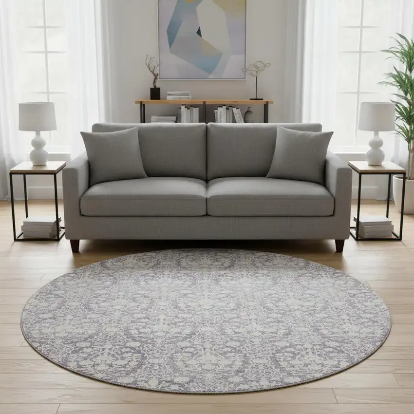 8' X 8' Plum And Ivory Damask Washable Round Rug With UV Protection Photo 2