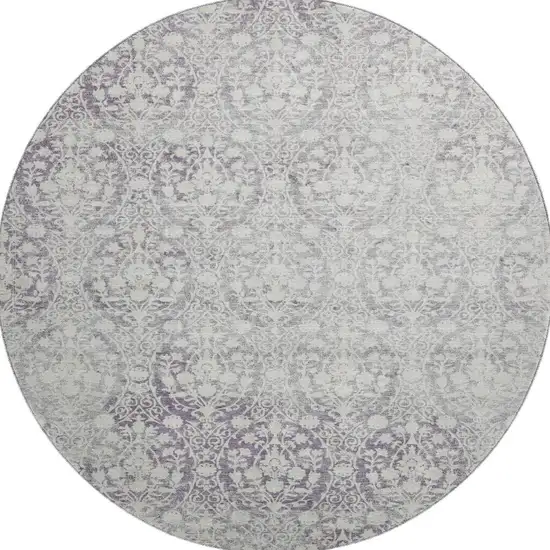 8' X 8' Plum And Ivory Damask Washable Round Rug With UV Protection Photo 3