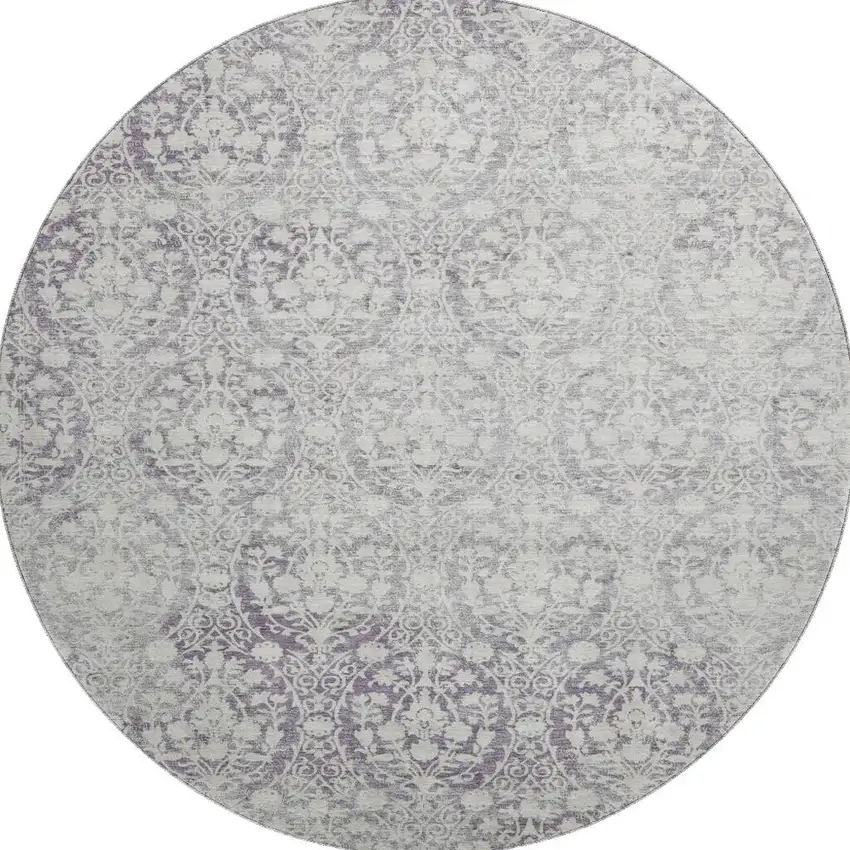 8' X 8' Plum And Ivory Damask Washable Round Rug With UV Protection Photo 3