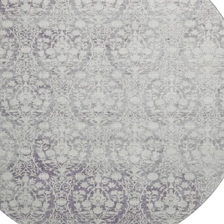 8' X 8' Plum And Ivory Damask Washable Round Rug With UV Protection Photo 2
