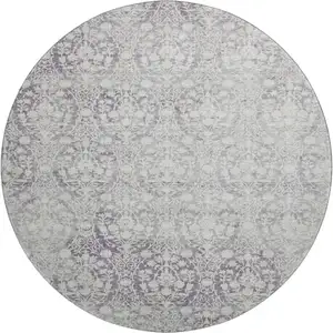 Photo of 8' X 8' Plum And Ivory Damask Washable Round Rug With UV Protection