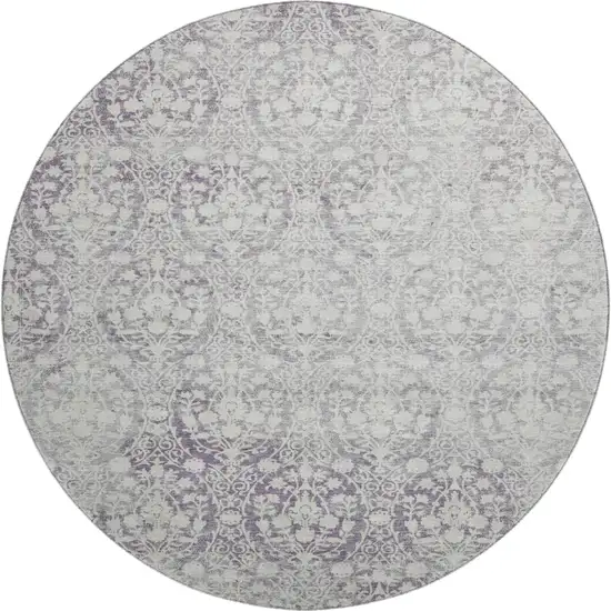 8' X 8' Plum And Ivory Damask Washable Round Rug With UV Protection Photo 1