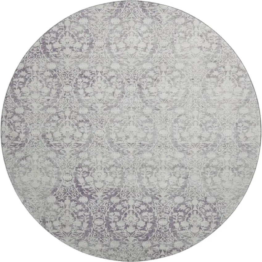 8' X 8' Plum And Ivory Damask Washable Round Rug With UV Protection Photo 1