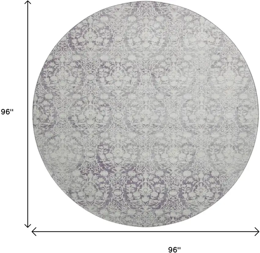 8' X 8' Plum And Ivory Damask Washable Round Rug With UV Protection Photo 9