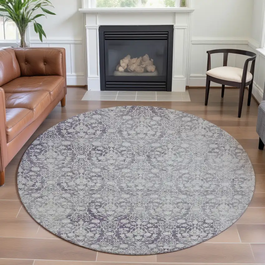 8' X 8' Plum And Ivory Damask Washable Round Rug With UV Protection Photo 4