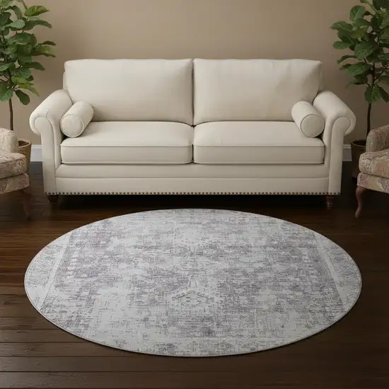 8' X 8' Plum And Silver Oriental Washable Round Rug With UV Protection Photo 2