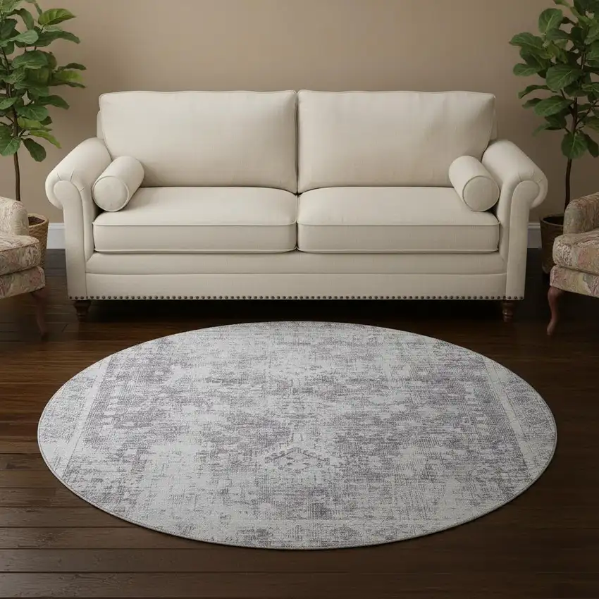 8' X 8' Plum And Silver Oriental Washable Round Rug With UV Protection Photo 2