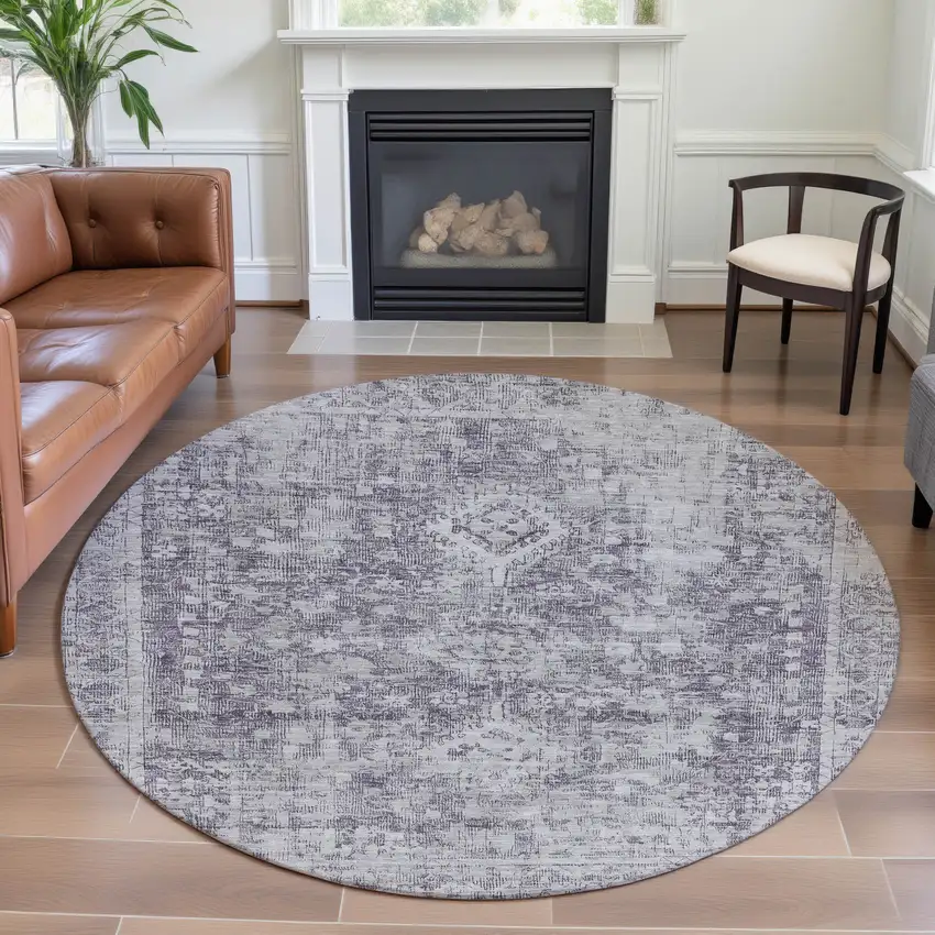 8' X 8' Plum And Silver Oriental Washable Round Rug With UV Protection Photo 4